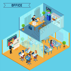 现代办公室内部等距办公室在工作的商人公司办公大楼有家具和计算机的办图片