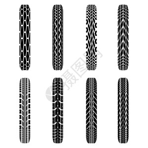 一组8个黑色字节轮胎轨迹在白图片