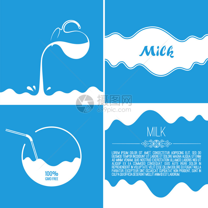 从罐中流出的牛奶喷雾滴和蓝色背景的白浪广告图片