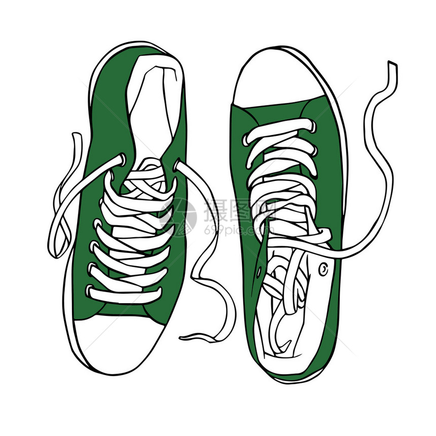 矢量图绿色运动鞋与白色鞋带胶鞋隔离在白色背景图片