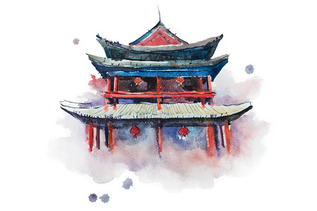 西安城墙水彩绘Xian工事的画背景图片