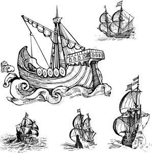 一套旧帆船黑白矢量插图图片