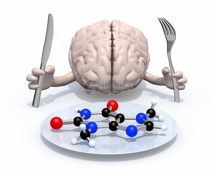 人脑手握着手臂和餐具在分子图片
