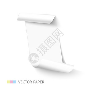 白色背景上隔着卷的白色垂直弯曲纸面丝带板条横幅现实化矢量纸模板背景图片