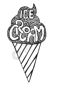 涂层冰淇淋手绘华夫饼和字母缩写冰淇淋黑白图片