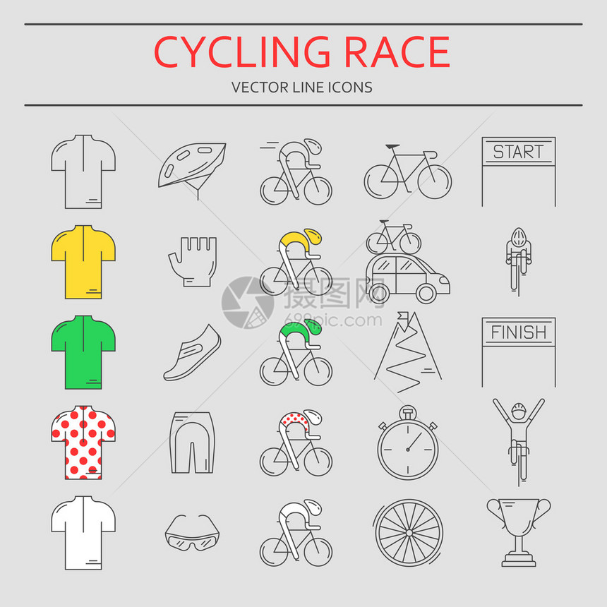 25个自行车赛现代线图标集在灰色上隔离的自行车比赛的黑色轮廓模板用的细线风格矢量制作的自行图片