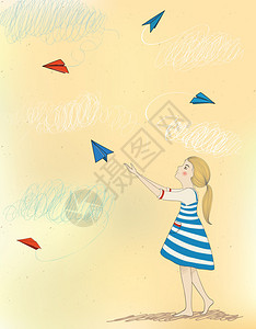 小女孩孩子发射纸飞机和梦想飞翔图片