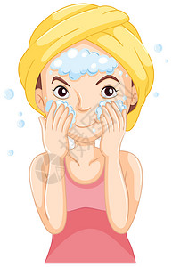 用泡沫插图洗脸的女人图片