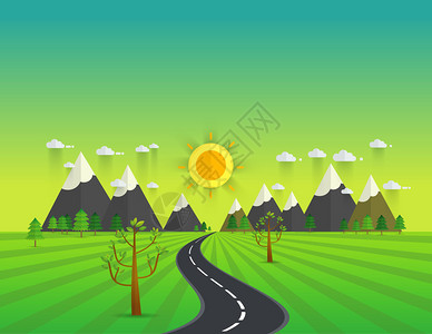 绿谷中的道路山脉丘陵云彩和天空上的太阳春季或夏季的图片