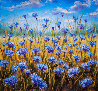 花场调色刀艺术花油画背景蓝色花朵的风景图片