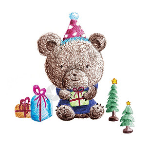 手画的可爱小熊拿着礼物盒用背景图片