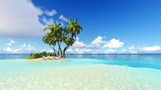 马焦雷湖海滩和棕榈躺椅蓝天和云彩3D渲染设计图片