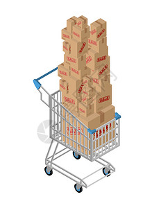 购物车和盒子销售在超市购物很多箱子大量采购商品折图片