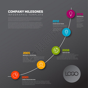 具有最大里程碑图标年份和颜色按钮的矢量Infographic时间表报告模板背景图片