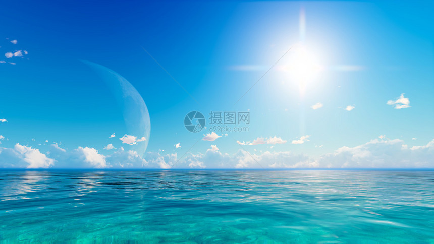 满月在蓝色的大海和天空云3D渲染图片