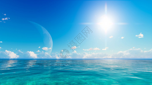 满月在蓝色的大海和天空云3D渲染背景图片