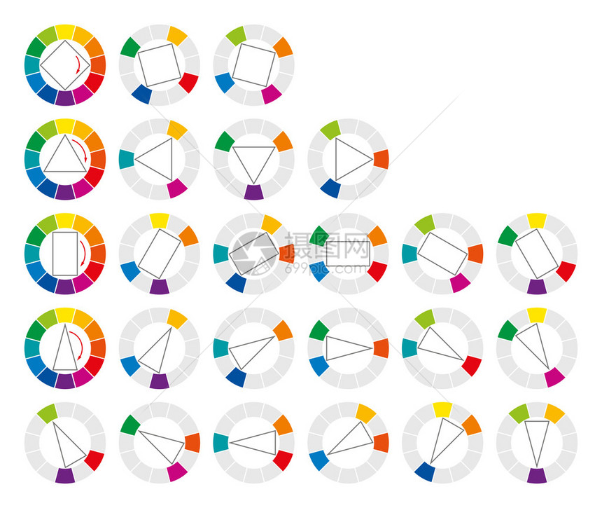色轮和几何形式显示艺术和绘画中颜色的20种可能的互补和图片