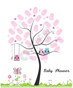 婴儿淋浴贺卡女婴小猫头鹰用手指印成树矢量插图图片