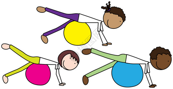 三个孩子锻炼的卡通插图背景图片