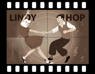穿着古老时装舞的情侣LindyHop在旧电影框中背景图片