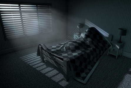 卧床不起A3D由睡在床罩下的人用明月光照亮的窗帘和对床边桌子充电的手机设计图片