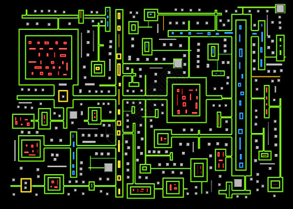 有趣的抽象微芯片板隔离在黑色背景上插图形霓虹灯颜色有亮绿色黄色背景图片