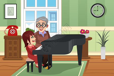 祖母与孙女一起玩钢琴的矢量图片