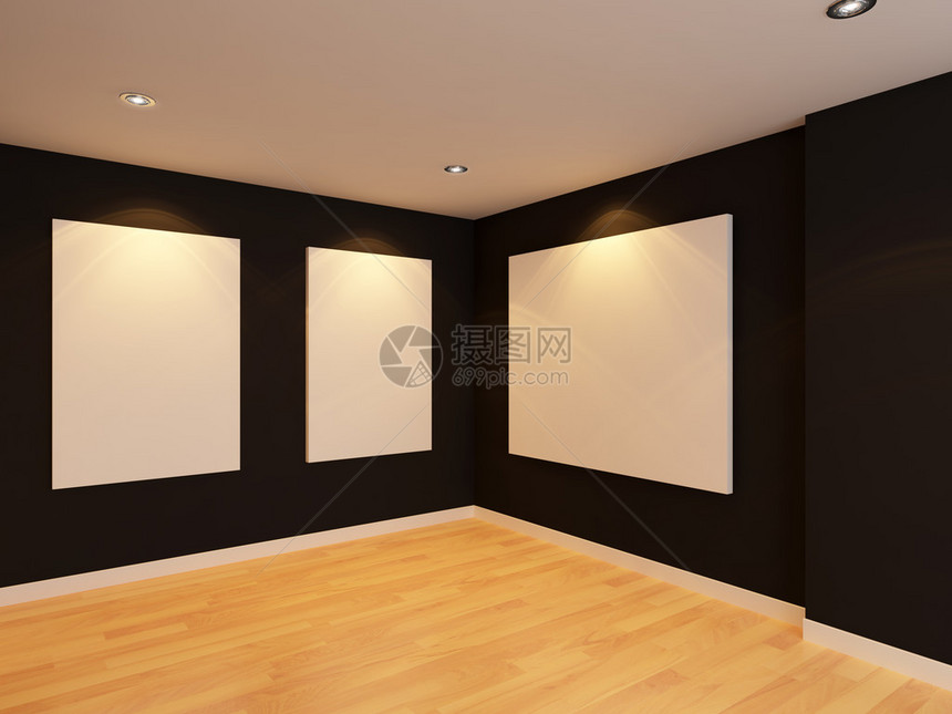 在画廊的黑色墙壁上有白色画布的空房间内部图片