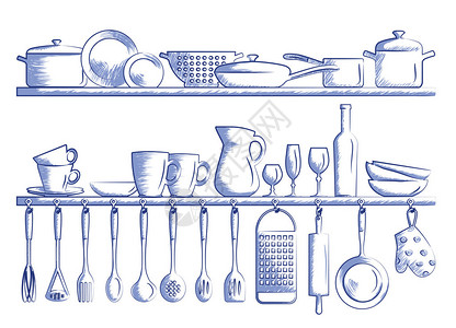 厨房架子和烹饪用具手工绘制卡通图片