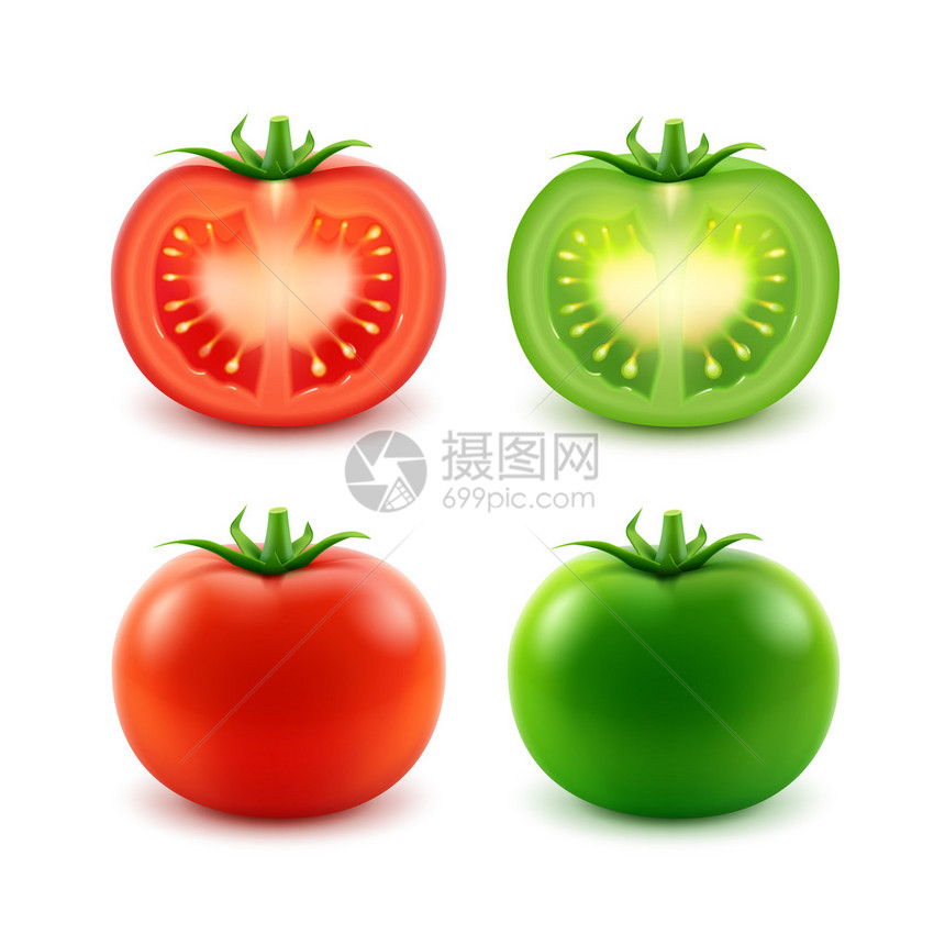 大开阔红绿新切全番茄的矢量组关闭白图片