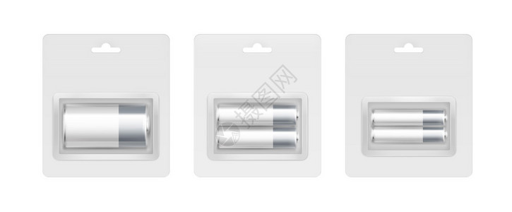 向量集的白色灰银光泽碱AAAAAC电池在透明灰色吸塑包装为品牌关闭在白图片
