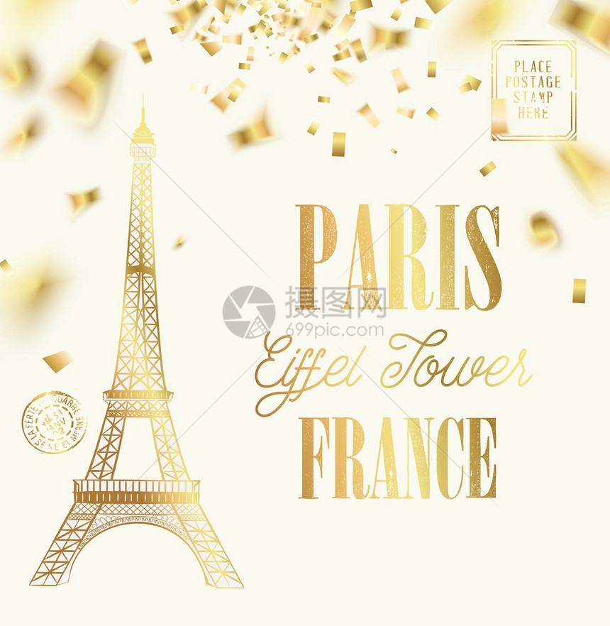 Eiffel塔图象带有的彩形纸条落在白色背景上签署巴黎埃菲尔法国铁图片