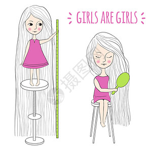 长头发的可爱女孩人物是手绘的两个穿着粉红色连衣裙的女孩矢量时尚插图片