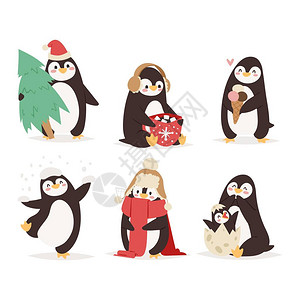 陡坡企鹅集矢量插图字符卡通搞笑企鹅不同的情况企鹅矢量可爱的小鸟摆姿势插画