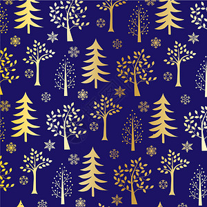 蓝色背景上的金色圣诞树矢量图图片