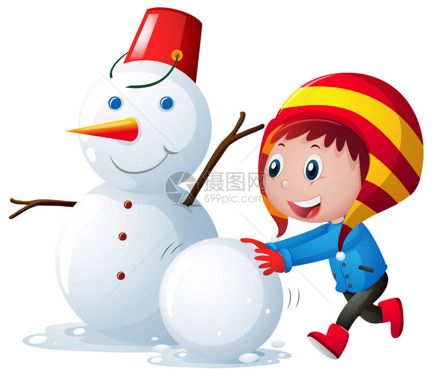 小孩子堆雪人插画图片