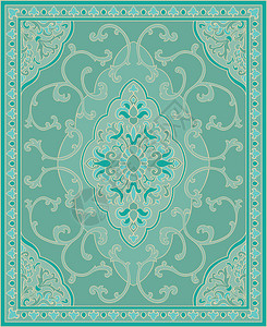 东方抽象装饰品用于地毯床单披肩纺织品和任何表面的绿松石模板带有花丝细背景图片