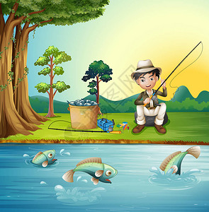 男人在河边钓鱼插图背景图片