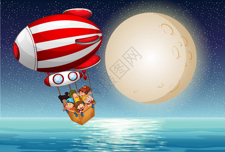 夜间乘坐热气球的儿童插画图片