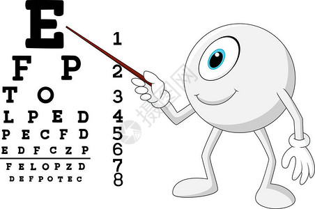 指向Snellen图表的Cartoon眼球光学图片