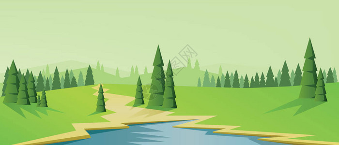 具有松树蓝湖和山脉平立三角风格的数字背景图片