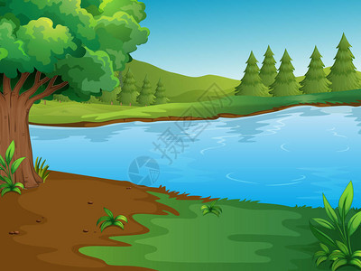 河流场景与树木和山丘插图图片