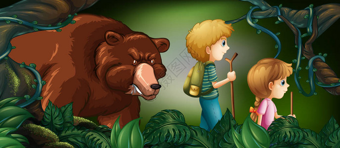两个孩子在森林深处徒步图片