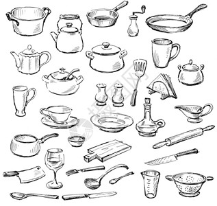 各种厨具的手绘图背景图片