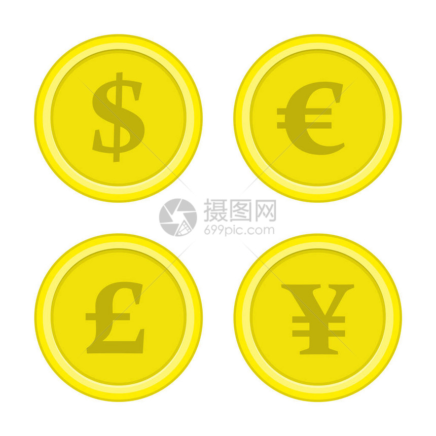 世界货币图标美元欧元日元和英镑货币金商业金融或货币兑换概念现代平面风图片