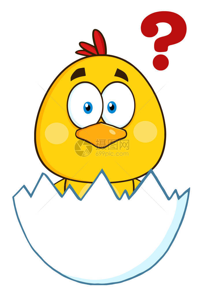 带有问题标记的鸡蛋中可爱的黄鸡卡通字符缠绕RasterI图片