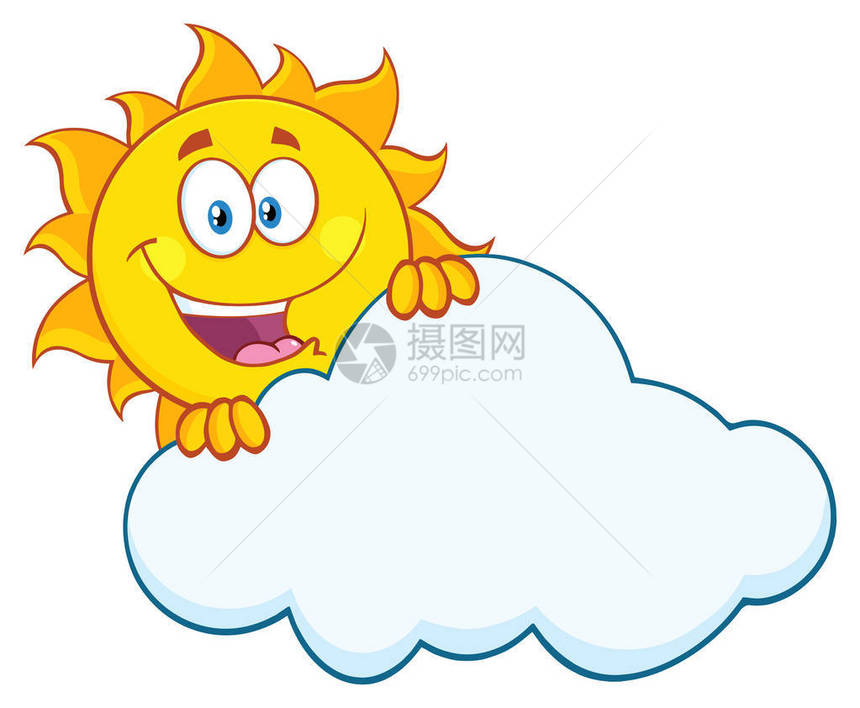 夏日快乐的太阳Mascot卡通字符隐藏在云后面白背景图片