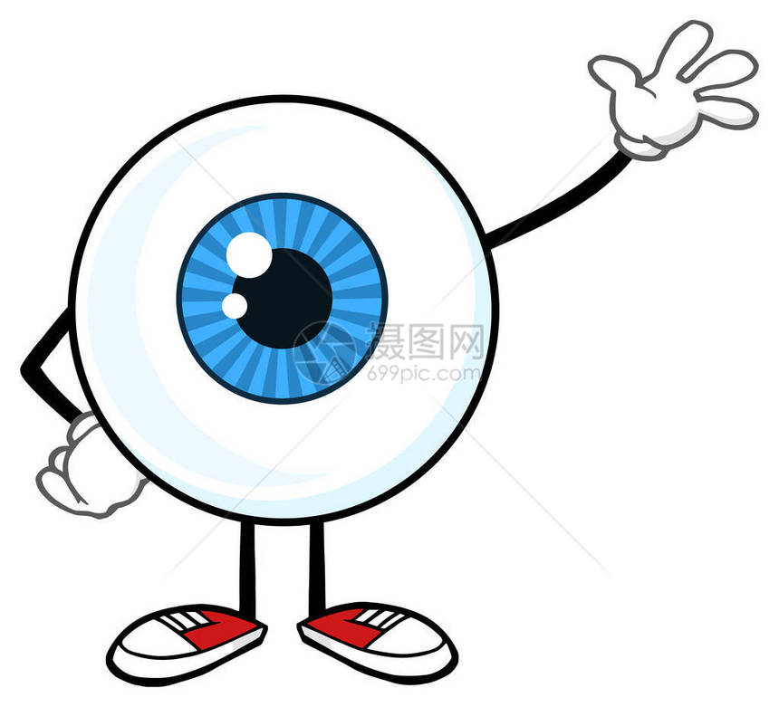 蓝眼球GuyCartoonMascott格为问候而挥舞在白色背景上孤图片
