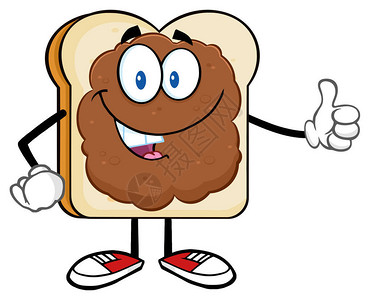 与花生油果酱伸出缩略图一起微笑的面包切片卡通字符在白色背景上孤图片