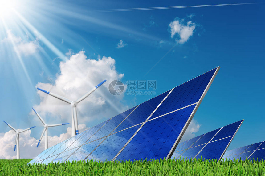 3D说明一组太阳能电池板和风力涡轮机在蓝色天空上有云和太阳光的图片